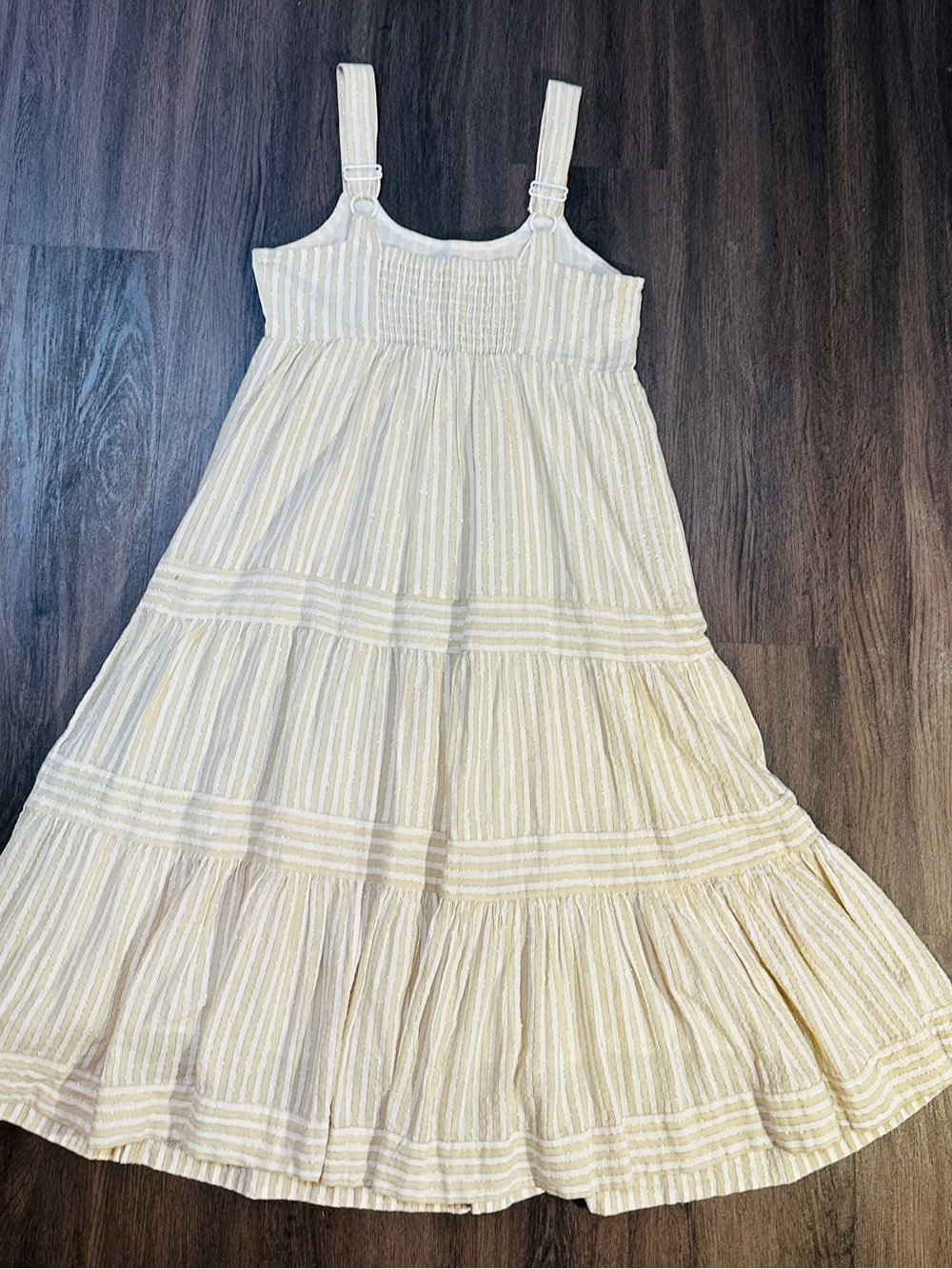Linda Anderson Gold Stripe Tiered Midi Dress | Neutral Shimmer Boho Sundress - Picture 8 of 11